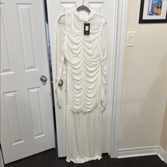 Fashion Nova Dresses & Skirts - Fashion Nova White Ruched Bishop Sleeve Gown